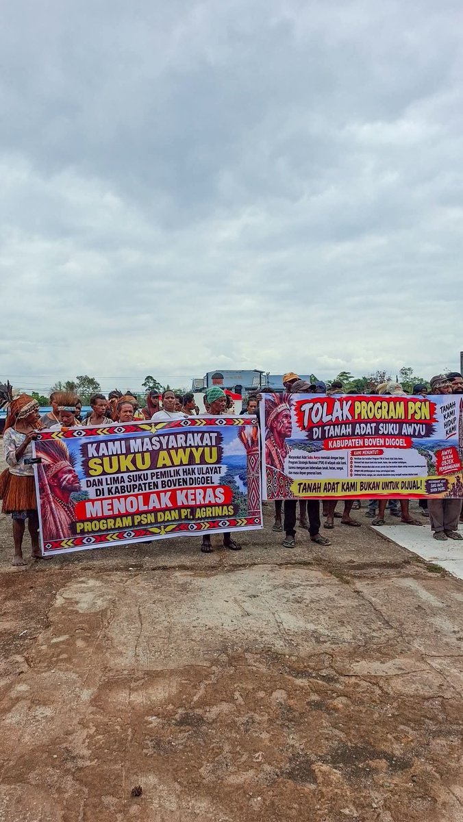 indepenSumatera's tweet photo. Hari ini 21 September 2026 telah terjadi aksi damai oleh beberapa suku dan marga yg berorasi dgn tuntutan MENOLAK KERAS PROYEK PSN DAN PT AGRINAS,suku auyu salah satu suku terbesar di kab Boven Digoel menyampaikan tuntanya dalam demo damai tersebut,dgn sangat jelas menolak proyek strategis nasional PSN.mereka menyampaikan bahwa tanah kami bukanlah tanah kosong dan bukan untuk dijual....