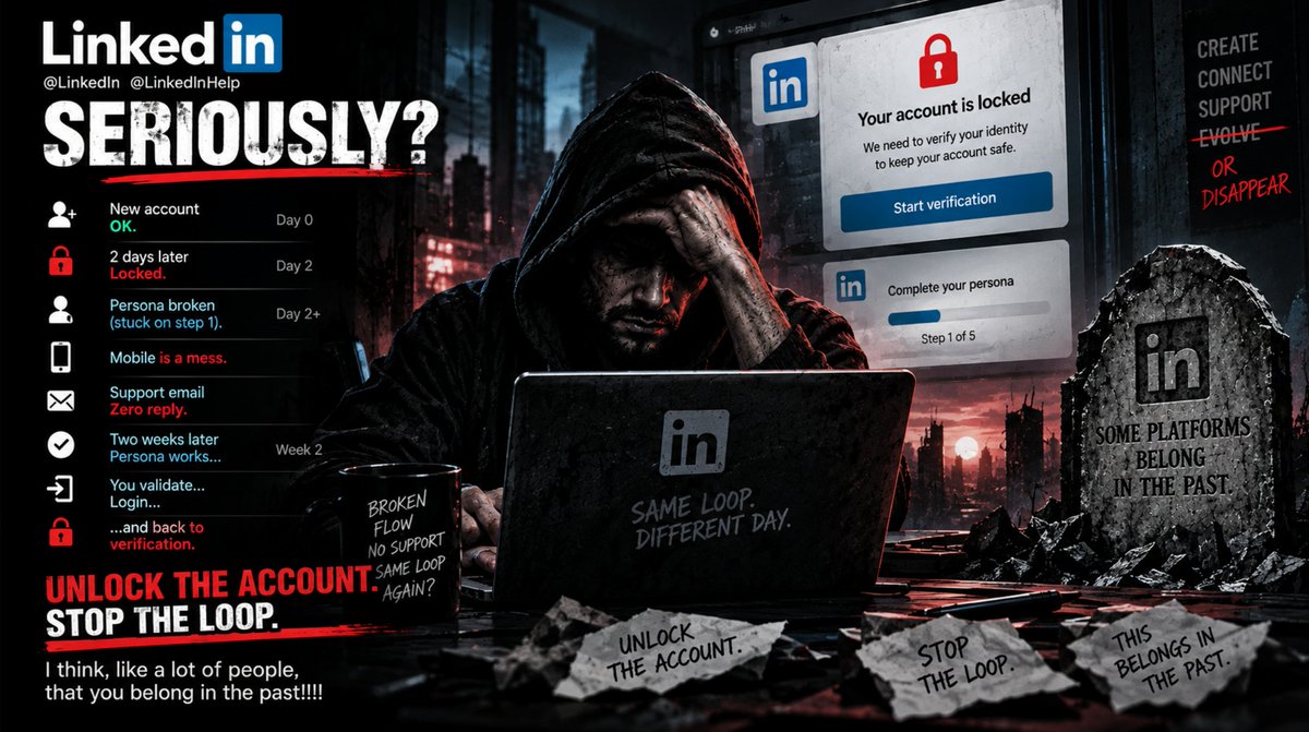 HeyDjekyll's tweet photo. .@LinkedIn @LinkedInHelp  seriously?

New account → OK. 2 days later → locked. Persona broken (stuck on step 1). Mobile is a mess. Support email → zero reply.

Two weeks later Persona works… you validate… login… and back to verification.

The flow is broken. Support is MIA. Unlock the account. Stop the loop.

I think, like a lot of people, that you belong in the past!!!!
#LinkedIn #Support