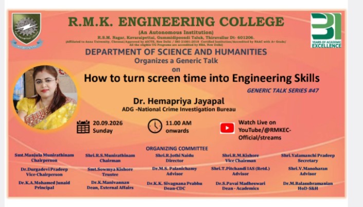 rmk_college's tweet photo. The 𝐃𝐞𝐩𝐚𝐫𝐭𝐦𝐞𝐧𝐭 𝐨𝐟 𝐒𝐜𝐢𝐞𝐧𝐜𝐞 𝐚𝐧𝐝 𝐇𝐮𝐦𝐚𝐧𝐢𝐭𝐢𝐞𝐬, 𝐑.𝐌.𝐊. 𝐄𝐧𝐠𝐢𝐧𝐞𝐞𝐫𝐢𝐧𝐠 𝐂𝐨𝐥𝐥𝐞𝐠𝐞, successfully conducted the ��𝟕𝐭𝐡 𝐆𝐞𝐧𝐞𝐫𝐢𝐜 𝐓𝐚𝐥𝐤 on:

🎯 𝐇𝐨𝐰 𝐭𝐨 𝐓𝐮𝐫𝐧 𝐒𝐜𝐫𝐞𝐞𝐧 𝐓𝐢𝐦𝐞 𝐢𝐧𝐭𝐨 𝐄𝐧𝐠𝐢𝐧𝐞𝐞𝐫𝐢𝐧𝐠 𝐒𝐤𝐢𝐥𝐥𝐬 https://t.co/7qy2k45Ew8