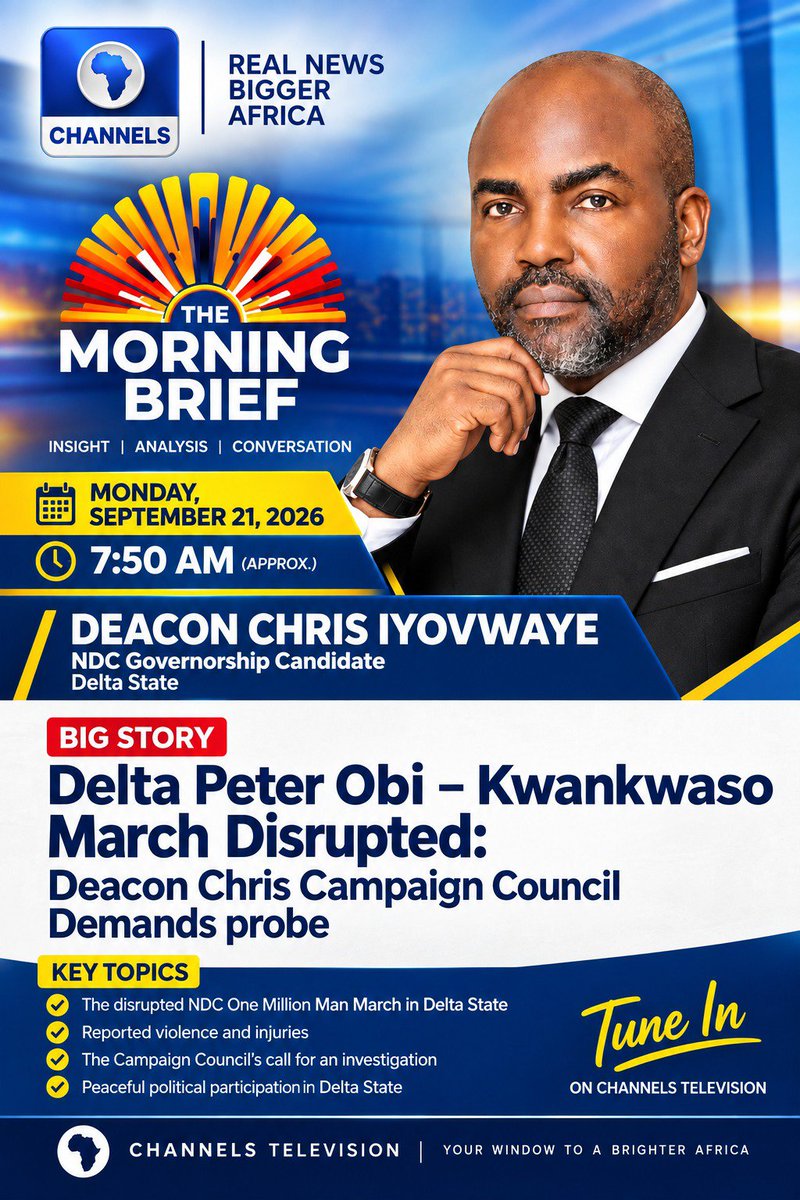 dchrisiyovwaye's tweet photo. I will be LIVE on Channels The  Morning brief  to address the disruption of the Delta march, the demand for probe , and why the voice of the people must never be silenced.

📅 Moday, 21 September
⏰7:50AM WAT approx

Tune in. Share it. https://t.co/b5IUIOmTuL