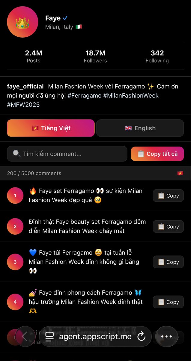 FayeMalisornVN's tweet photo. 🇮🇹✨ FAYE × FERRAGAMO - MILAN FASHION WEEK 2026

Milan Fashion Week is almost here! 💛

To make it easier for everyone to support Faye on her upcoming Milan posts, our team has prepared a Comment Guide with a collection of ready-to-use comments, including all the important SEO keywords.

🔗 Comment Collection: https://t.co/4L4ioNr6qb

There are currently 2 versions available: English 🇬🇧 & Vietnamese 🇻🇳

Feel free to choose whichever comments work best for you and use them naturally depending on each post. You don’t have to use every comment - just pick the ones you feel are most suitable! 💛

Simply open the link → choose a comment → copy & use it.
It’s quick, easy, and convenient, especially when we need to engage with Faye’s posts in a timely manner. ✨

Let’s support Faye together and make every Milan moment count! 🇮🇹💛

#FayeXFerragamo
#FerragamoSS27
#FayePeraya
#Ferragamo 
#MilanFashionWeek