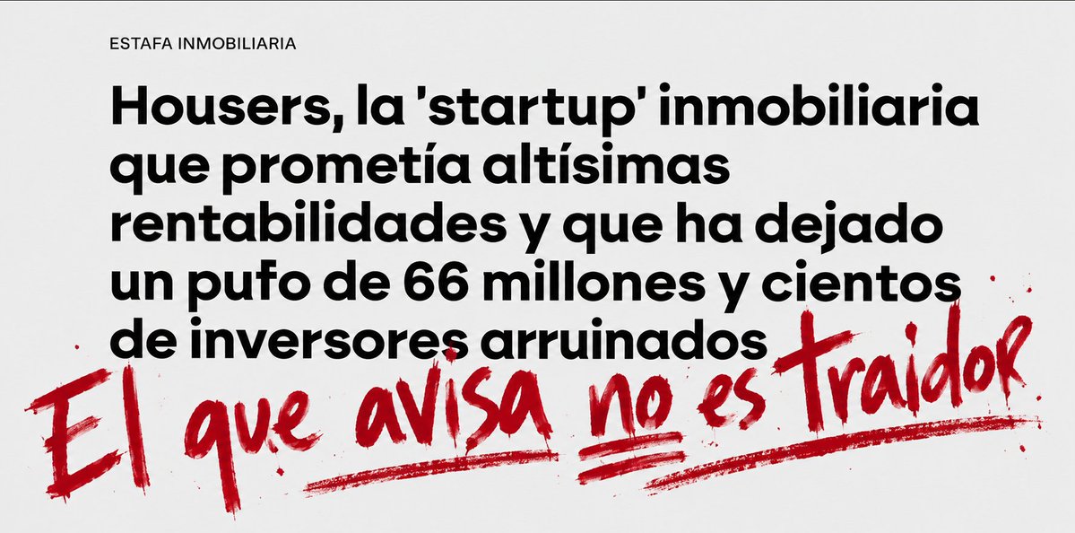 pablo_gx's tweet photo. 1/
💸 66 millones de euros. Cientos de ahorradores sin su dinero.
Housers prometía rentabilidades de más del 10% "en unos meses". Ha dejado un agujero de 66 millones de los 150 que captó.

Hilo 🧵 https://t.co/JNRpp2qA3j