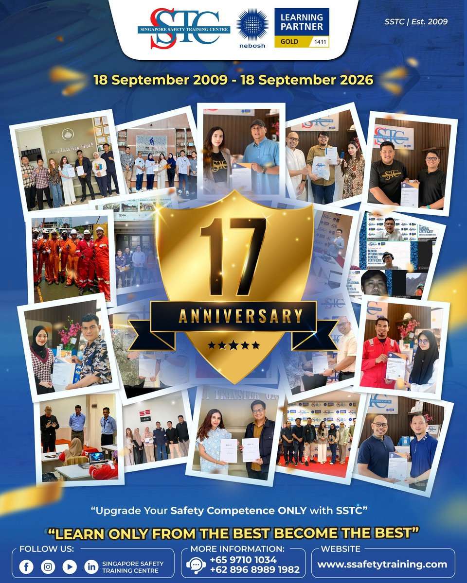 ssafetyraining's tweet photo. 17 tahun Perjalanan, Dedikasi, dan Komitmen.🎂 

18 September 2026, Singapore Safety Training Centre (SSTC) Merayakan 17 tahun Perjalanan sejak didirikan pada 18 September 2009.

Learn only from the best, Become the best!!

Hubungi kami di
Wa: +62 896-8989-1982

#Anniversary https://t.co/1w1DWnImp1