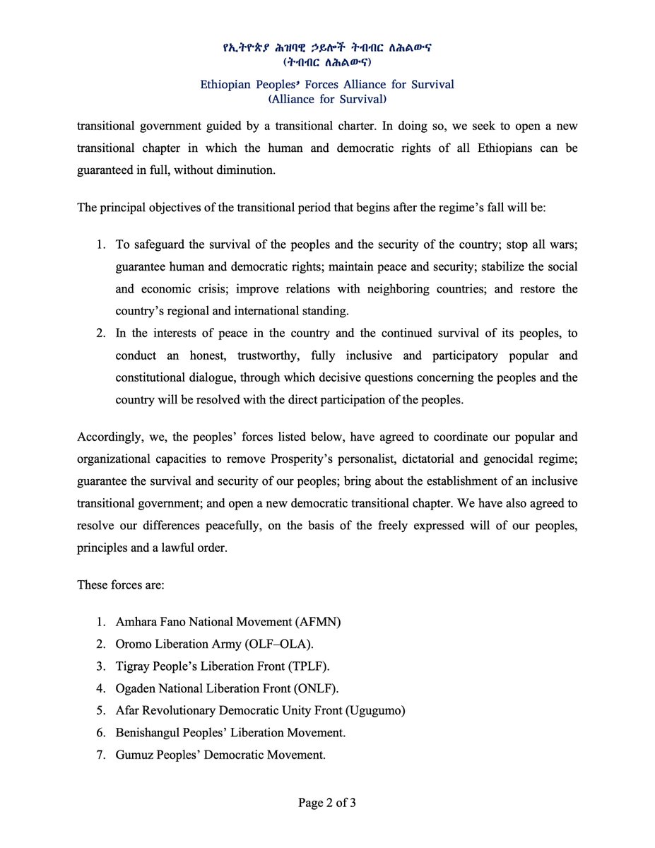 EPFASOfficial's tweet photo. Launching the official X (Twitter) account of the Ethiopian Peoples’ Forces Alliance for Survival (#EPFAS) with the publication of its founding statement.
Issued by the International and Diplomatic Affairs Bureau.
#AllianceForSurvival #Ethiopia https://t.co/SkYtSVJxPe