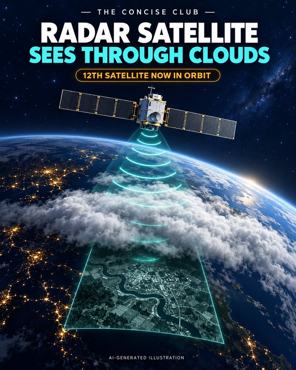 TheConciseClub's tweet photo. A new radar satellite can map Earth through clouds and darkness. Synspective’s 12th StriX spacecraft reached orbit on Sept 19, expanding a network built for infrastructure monitoring and disaster response. #SpaceTech #EarthObservation #TechNews https://t.co/bMaEOMb0Vo