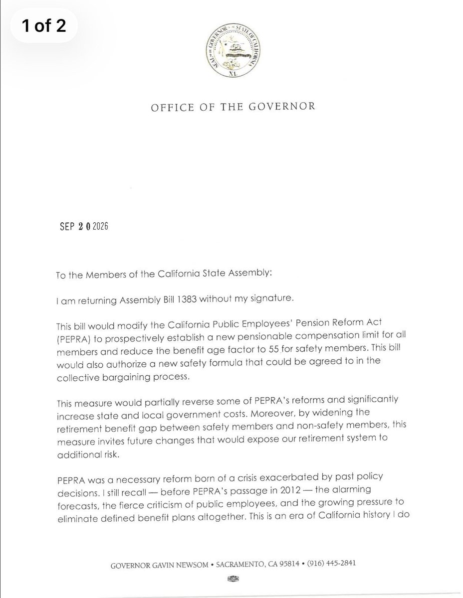 debora_allen1's tweet photo. @CAgovernor vetoed AB1383. It’s the right decision. Our local governments can’t afford to provide more pension benefits to public safety personnel. I had hoped for a compromise solution to lower the retirement age to 55 in exchange for employees & employers sharing equally the risk of unfunded liabilities This is
 the pension fix needed for all public employees.