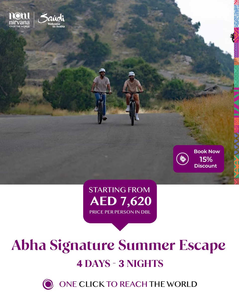 nirvanaoverthe1's tweet photo. Discover Aseer, where cool mountain escapes, outdoor adventures and rich culture come together.

Choose from our 4 or 5-day packages, starting from AED 4,880 per person.

Book your Aseer escape with NOW!

#NOW #NirvanaOverTheWorld #Aseer #SaudiArabia #VisitSaudi https://t.co/qrFCQ92nat
