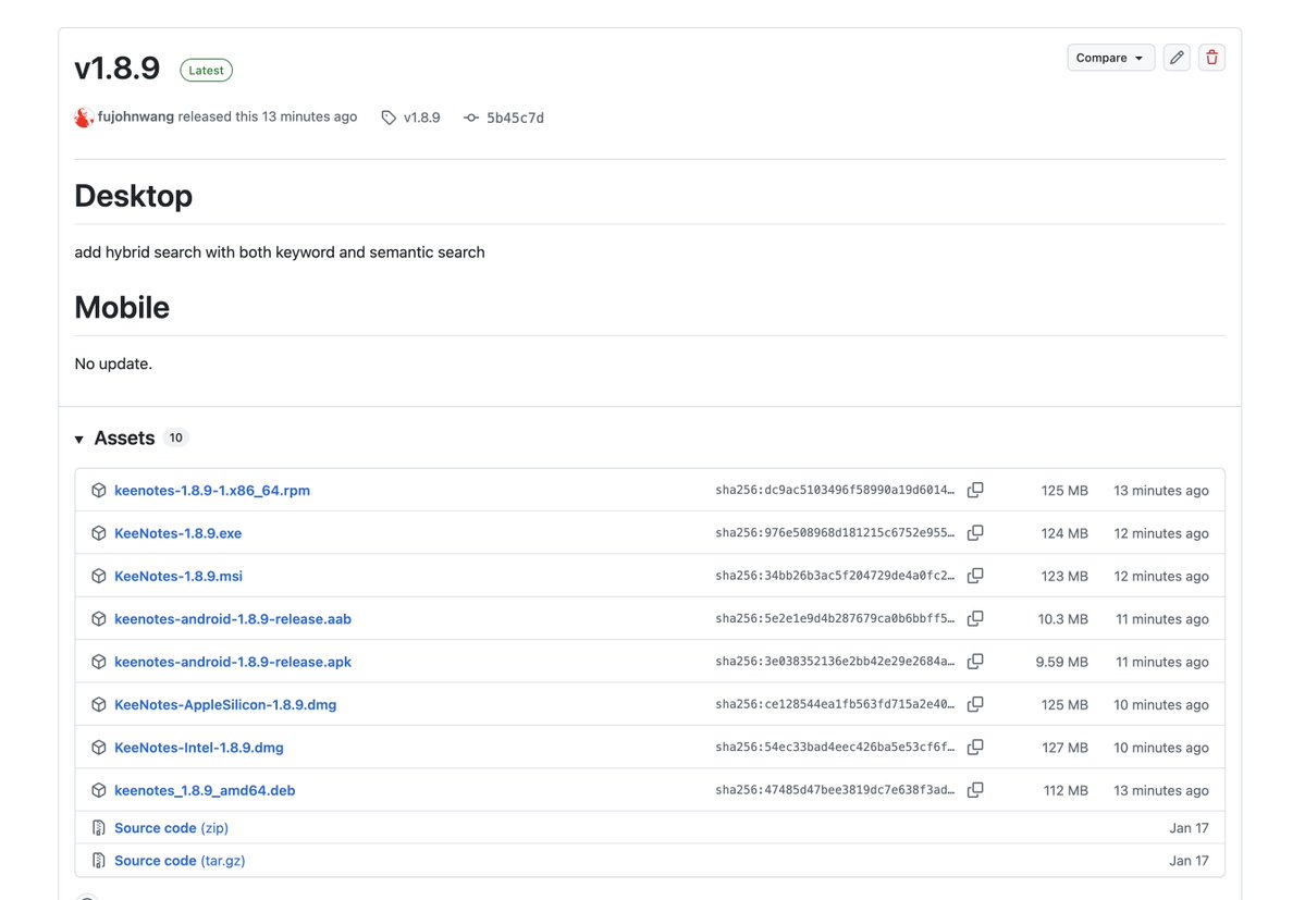 keenotes2026's tweet photo. KeeNotes (JavaFX Desktop Edition) releases 1.8.9 which adds a new Hybrid search way instead of old sql wildcard match. https://t.co/jP0JacqlEP