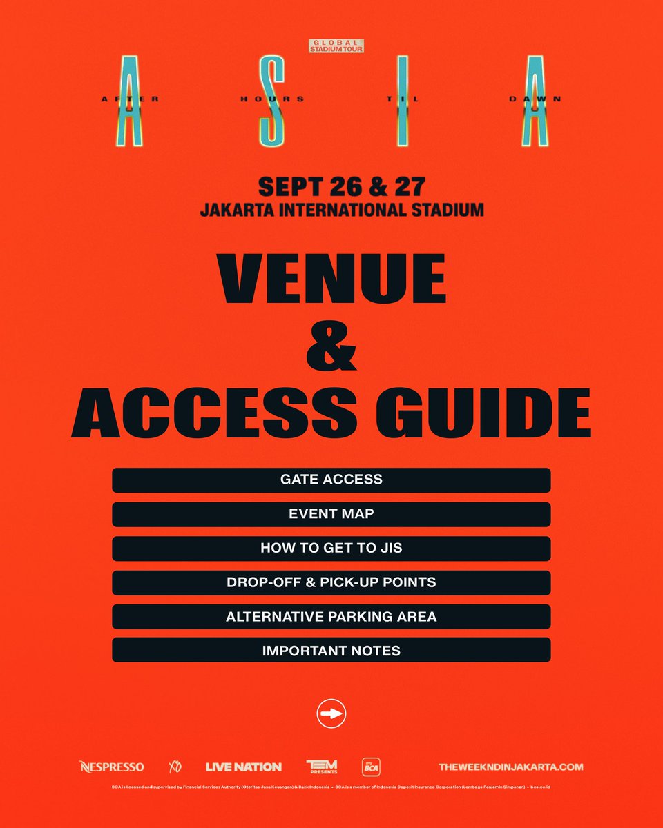 TEMGMT's tweet photo. (1/2) We’re just days away from @theweeknd in Jakarta! Check out the Venue & Access Guide and plan your journey ahead

☑️ Check your designated gate access and event map before arriving at the venue.
☑️ Make sure to check the designated drop-off and pick-up points based on your ticket category.
☑️ Plan your transportation and route in advance, and allow extra travel time due to expected heavy traffic.