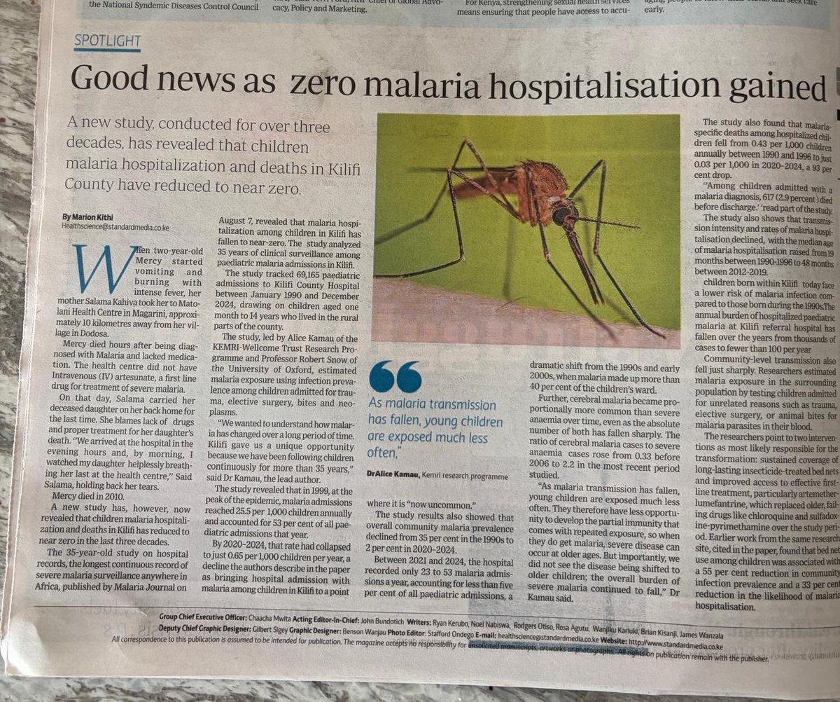 AmbMKamau's tweet photo. Sometimes you see an article in the newspaper that seems almost unbelievable.  This is pretty significant. Malaria was such devastating killer when I was young and throughout my entire Unicef career. Some things deserve celebration and this story needs to be told. https://t.co/TB3NNVVXmA