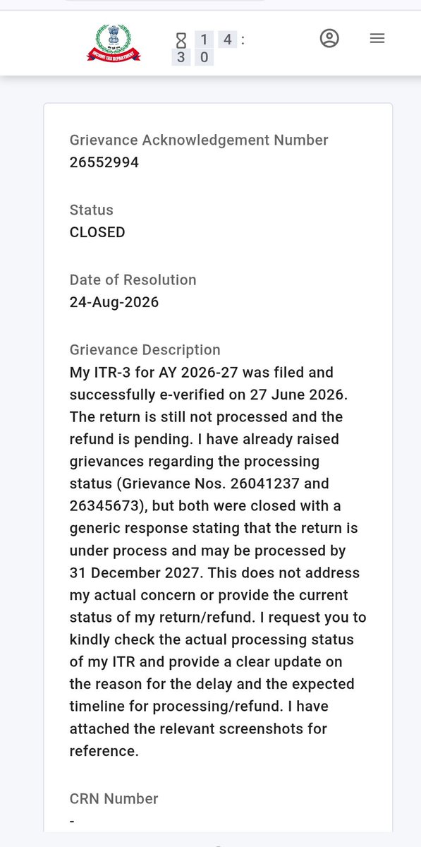 RaagaJani's tweet photo. @IncomeTaxIndia @IncomeTaxIndia I’ve been following up here since 17 August regarding my ITR-3, filed &amp; e-verified on 27 June. It’s now 21 September and there is still no actual update. Multiple grievances have been closed with the same generic reply. Who can provide a case-specific status? https://t.co/TAdi5Vag53