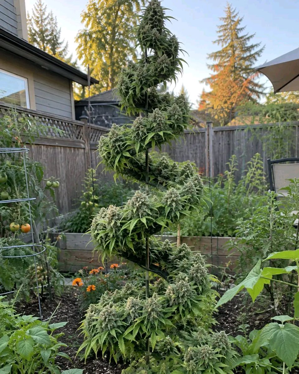 Pack_pro_'s tweet photo. Some people grow a garden… others turn it into art. 🌿🌀 This absolute spiral beauty looks like it escaped from a stoner’s dream and landed in somebody’s backyard 😂 Imagine casually looking over the fence and seeing THIS masterpiece reaching for the sky. Whoever trained this plant definitely had patience, creativity, and a vision. 💚 Would you have this in your dream garden?