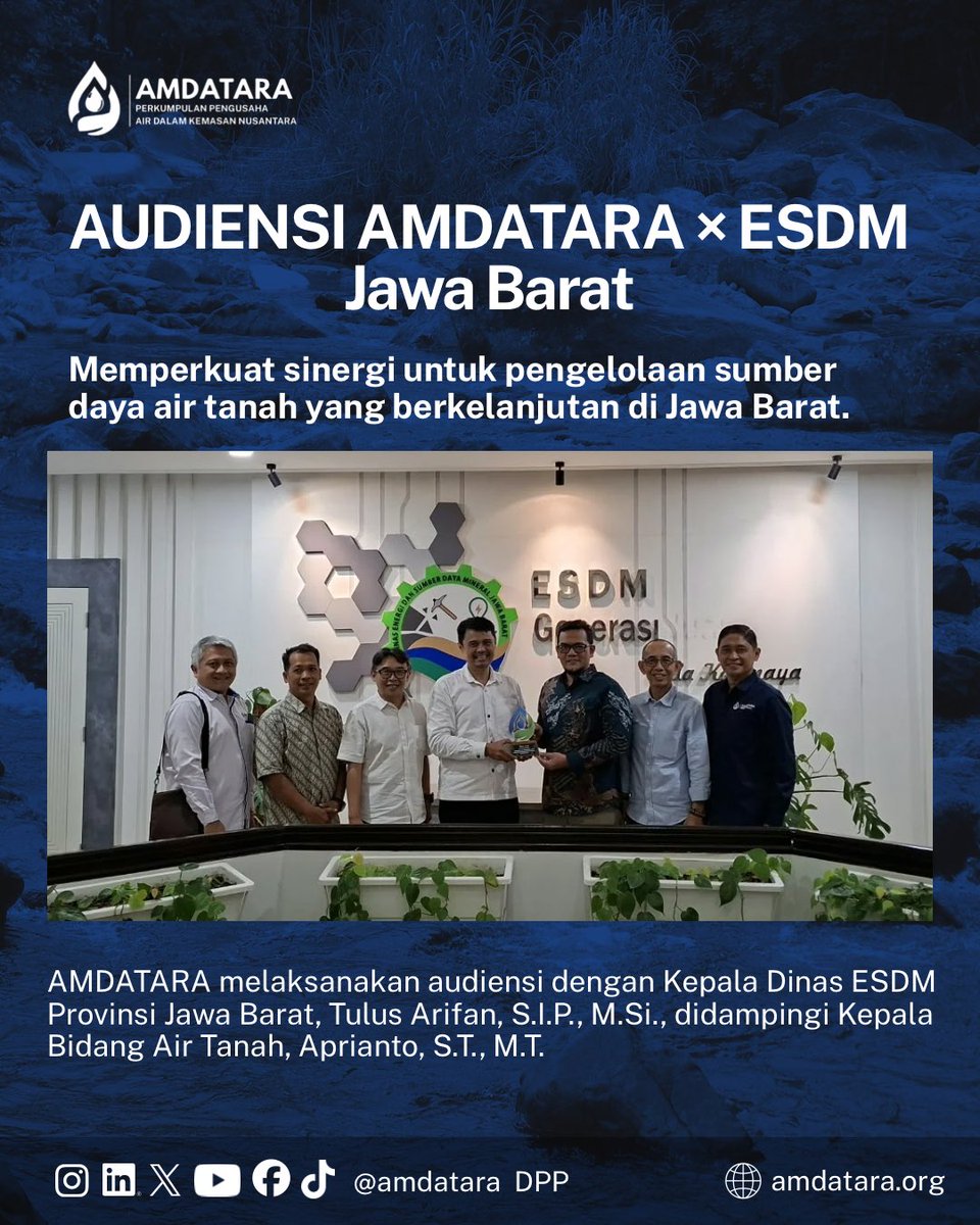 amdatara's tweet photo. AMDATARA melakukan audiensi dengan Dinas ESDM Provinsi Jawa Barat untuk memperkuat sinergi dalam pengelolaan sumber daya air tanah yang lebih bertanggung jawab dan berkelanjutan. 💧

Pertemuan ini membahas tata kelola air tanah, kepatuhan terhadap regulasi, konservasi sumber daya air, serta pentingnya kolaborasi antara pemerintah dan dunia usaha.

AMDATARA siap terus menjadi mitra strategis dalam mendorong industri AMDK yang semakin hijau, efisien, dan berkelanjutan.

#AMDATARA #IndustriAMDK #AirTanah #Keberlanjutan