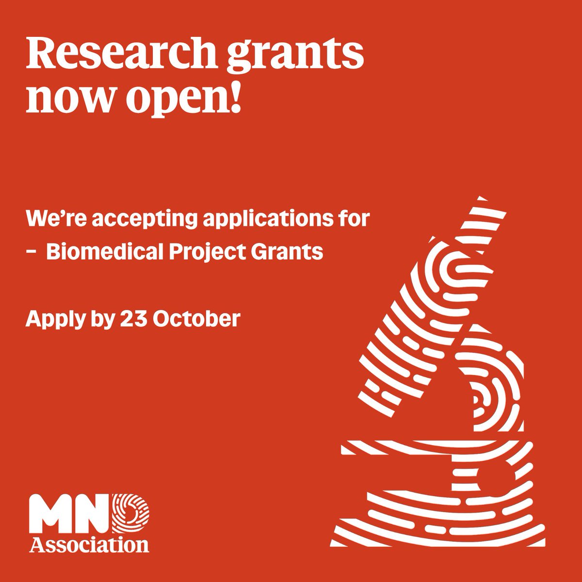 mndresearch's tweet photo. Applications are now open for our Biomedical Research Project grants!

Apply if your research could advance understanding of MND and help move us closer to effective treatments.

📆 Deadline: 23 October

More info: https://t.co/6yr0eFJ6RT https://t.co/rQEbRynEjN