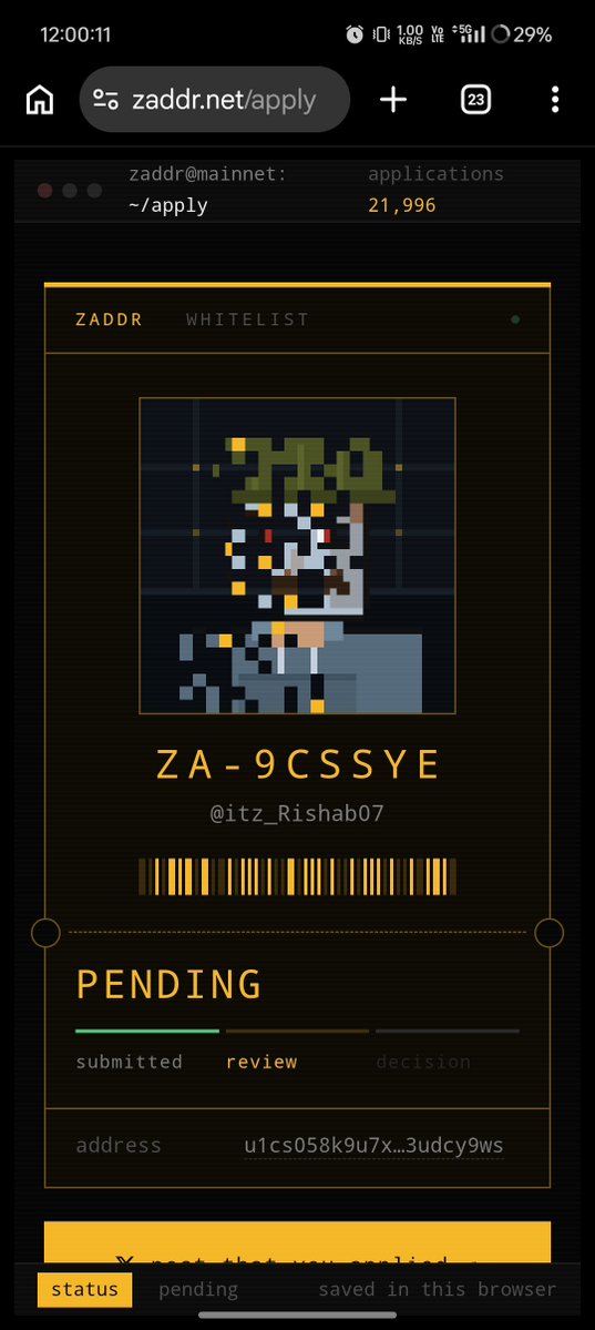 itz_Rishab07's tweet photo. Still waiting for that APPROVED status from @zaddrnet 😭🫠

I’ve been following ZADDR, supporting the project and genuinely trying to contribute to the community.

2,800 faces. One of them could be mine. 👀

Application ZA-9CSSYE is still sitting on PENDING…

Really hoping I get my chance before the mint. 🖤🫡

Zcash × ZADDR just makes too much sense.