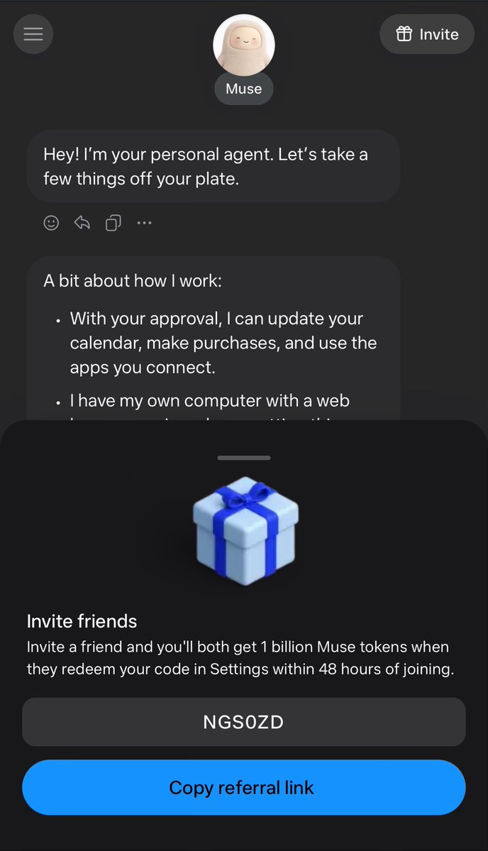 justbehaz's tweet photo. People, join Muse via my invite code (NGS0ZD) so we can both get 1 billion tokens each and access to the voice calling feature.

To redeem just go to https://t.co/dw7xNVxH58 to sign up and input my code.

Code is only good for 20 uses so first come first served. https://t.co/ejgbk9iuod