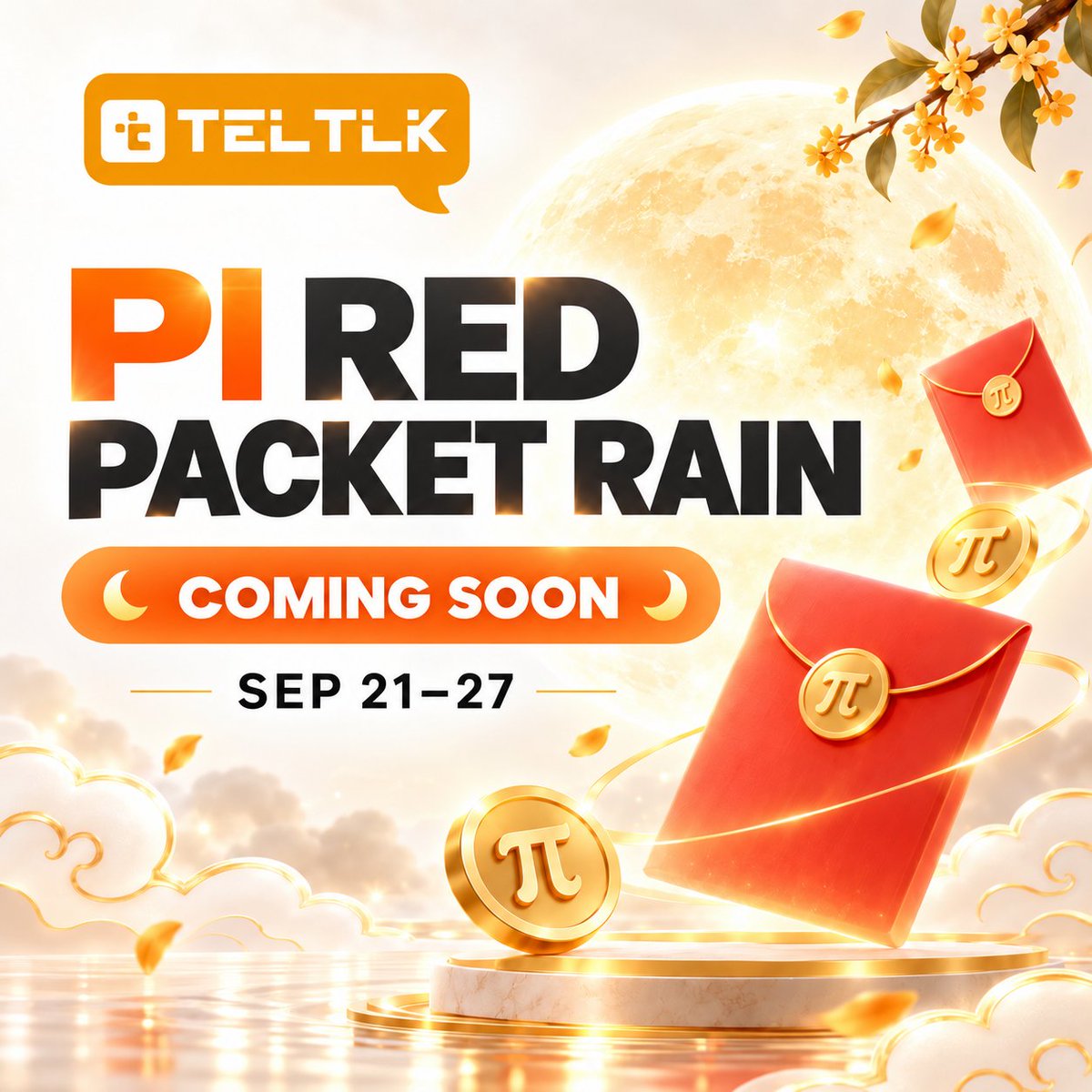 teltlkteam's tweet photo. ### 🌕 TELTLK Mid-Autumn Pi Red Packet Rain is coming！🧧

📅 **September 21–27**
Enjoy 7 days of Pi red packet drops, with extra rewards on Mid-Autumn Day!

🎁 **Event Highlights:**
- 🧧 Random drops every day — first come, first served!
- 🌕 Special Mid-Autumn bonus — double the surprise!
- ⏰ Limited rewards — catch them before they're gone!

**📌 How to Join:**
1️⃣ Follow TELTLK on X: **@teltlkteam**
2️⃣ Repost the official event post & DM **@teltlkteam**

⚠️ Only trust the official account. Never share your verification code or private key with anyone!

**Follow TELTLK on X and stay tuned for the official event announcement.**
**Join early to catch more drops！！！**

TELTLK Team
September 21, 2026