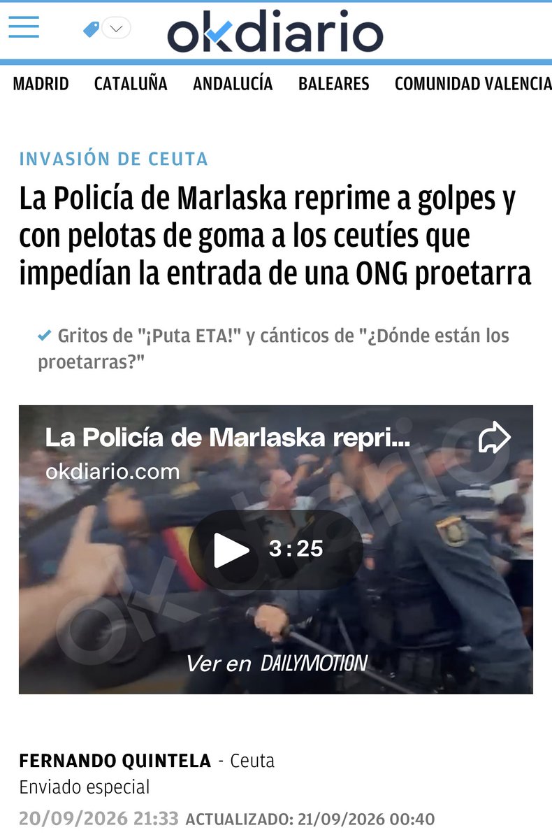 VValegrame's tweet photo. A mí no me cuenten milongas con que la Policía cumple órdenes. Hay que ser hijo de puta para apalear a españoles en Ceuta y proteger a etarras y a moros. A mí me daría una enorme vergüenza ser policía. Ahora, o estás con el pueblo o contra él y la Policía ya sabemos donde está. https://t.co/4DHDC24tvi