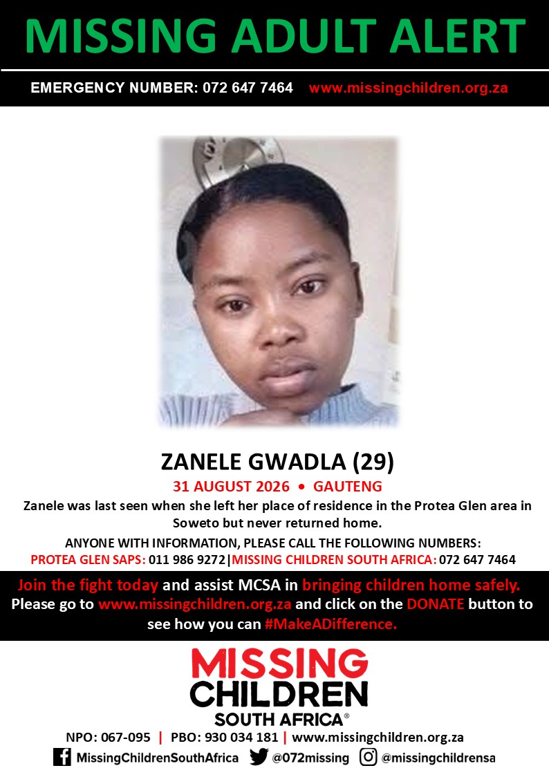 072MISSING's tweet photo. #MCSAMissing 

Zanele Gwala (29) was last seen 31 August 2026.

If you personally, or your company | or your place of work, would like to make a donation to #MCSA, please click here to donate: https://t.co/x07yLZW7KQ Thank you https://t.co/B5Dhxvv2WO