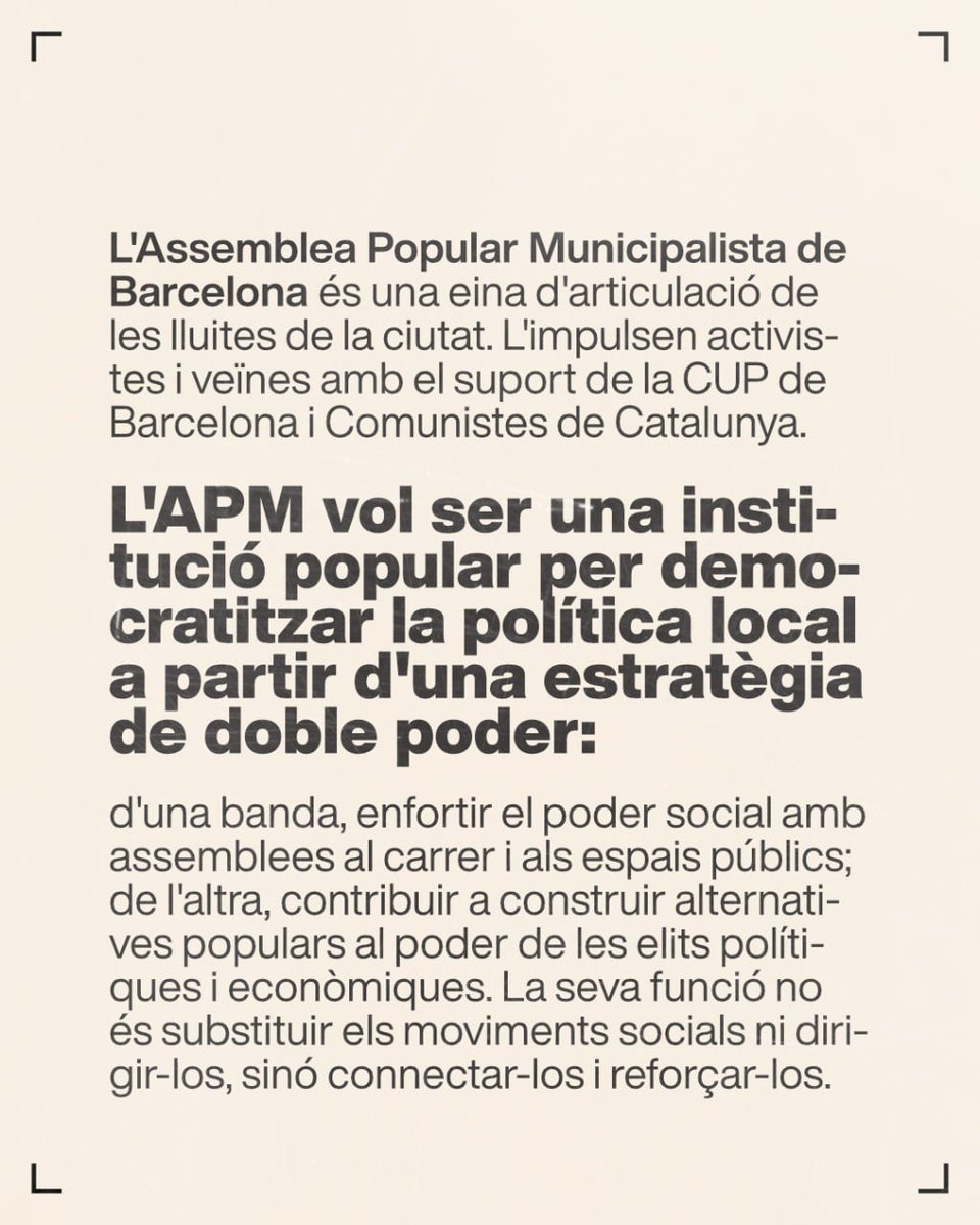 apmbarcelona's tweet photo. Arriba la II Assemblea Popular Municipalista: 
Defensem la Ciutat Veïnal!

Per un ciutat on viure no sigui un luxe: habitatge, urbanisme, espai públic, turisme i més, amb col·lectius en lluita o oberta a tothom.

🗓 Dissabte 3 d'octubre 10 h
✊C. de Cambrils, 26-28 - Vallcarca https://t.co/8CPNuDJbPt
