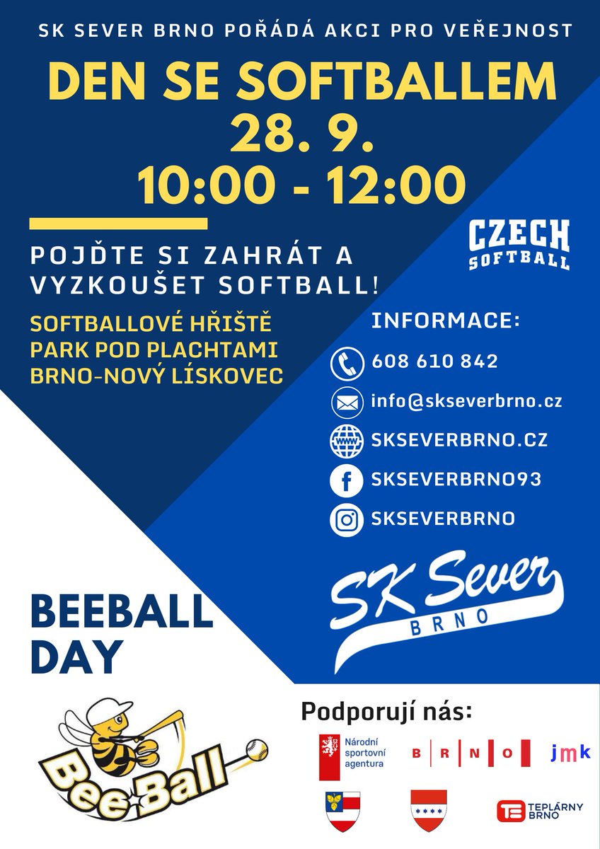 skseverbrno's tweet photo. 🥎 PŘIJĎTE SI VYZKOUŠET SOFTBALL! 🥎

Už 12. ročník BeeBall Day – Dne se softballem je tady! 🎉

📅 pondělí 28. 9. 2026
⏰ 10:00–12:00
📍 softballové hřiště - park Pod Plachtami, Brno-Nový Lískovec

TĚŠÍME SE NA VÁS! ❤️🥎 https://t.co/c8cJ3y57Fp