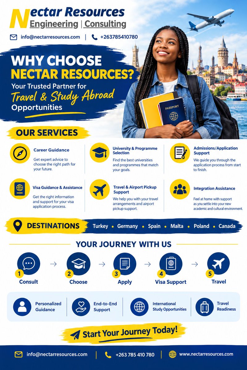 ConsultancyLlc's tweet photo. 🌍✈️ Your Journey Starts with Nectar Resources! 🎓

Planning to study abroad or travel for your next big opportunity? Let Nectar Resources guide you every step of the way—from career guidance and university selection to applications, visa assistance, travel support and integration.

🌟 Why choose us?
✔️ Personalized guidance
✔️ End-to-end support
✔️ International study opportunities
✔️ Visa & application assistance
✔️ Travel & airport pickup support

📍 Destinations: Turkey | Germany | Spain | Malta | Poland | Canada

🎓 Dream. Apply. Study. Travel. Build Your Future.

📲 Call/WhatsApp: +263 785 410 780
📧 info@nectarresources.com
🌐 https://t.co/LRiYrxrwXf

#NectarResources #StudyAbroad #TravelAbroad #StudyInEurope #InternationalEducation #StudentOpportunities #VisaAssistance #StudyAndTravel #YourFutureStartsHere