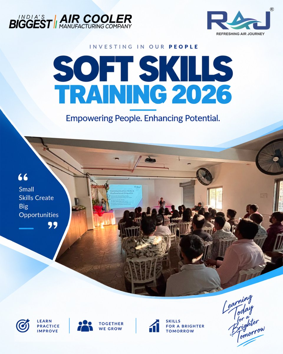 raj_cooling_'s tweet photo. Investing in our people means investing in our future. 

RAJ Group’s Soft Skills Training 2026 focused on Communication Skills and Professional Etiquettem empowering our team to communicate confidently, collaborate effectively and grow together.

#SoftSkillsTraining #RAJGroup https://t.co/dliIxxCM7u