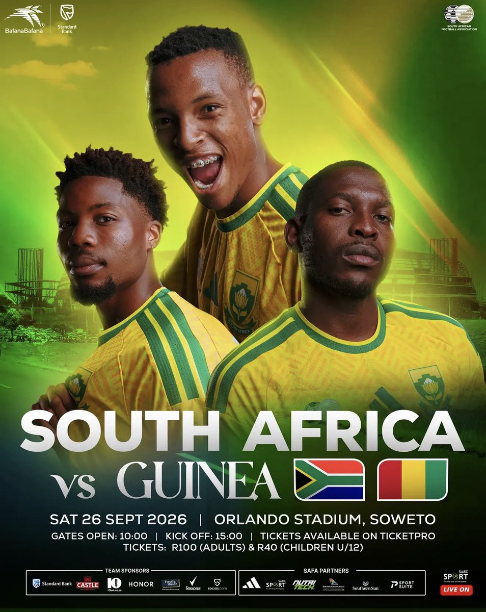 TyriqueBurger's tweet photo. Operation FILL UP the Arena is on 🫵🏽🇿🇦 

A new era under Coach Pitso. The President is back. Our first game on the road to qualifying for AFCON 2027. 

Let’s get our tickets and SELL OUT the Orlando Amstel Arena this Saturday for our boys - they need us  🙌🏽🇿🇦 https://t.co/xgue8EErsq