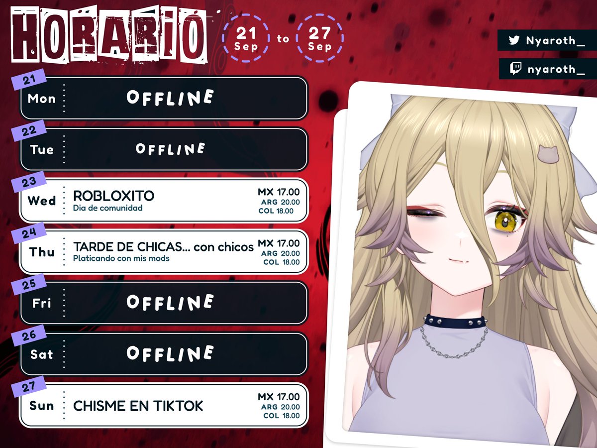 Nyaroth_'s tweet photo. H O R A R I O

Si
Voy a molestar a mis mods y conviviré mucho con ustedes wawawa

Agradezco mucho tu LIKE ♡ y RT ↻!
 #Vtuber | #VtuberES https://t.co/tQfrAHFv4e