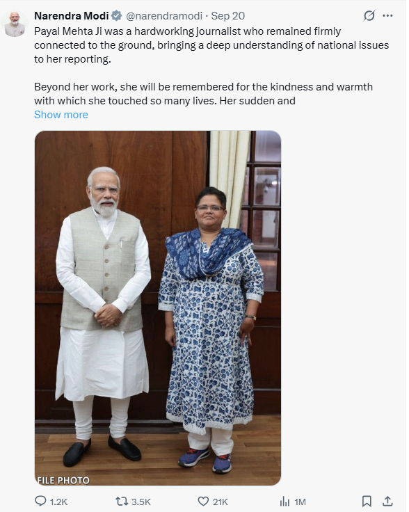 Laksu0098's tweet photo. @narendramodi  carefully worded tribute to Payal Mehta feels more like political optics than genuine respect.A government that routinely targets critical journalists now mourns one who covered  BJP beat. Condolences ring hollow when press freedom keeps shrinking.
#IndianaNSFW https://t.co/XhixWzGX10