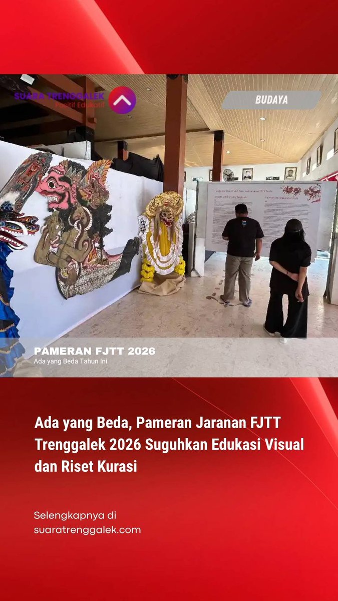 SuaraTrenggalek's tweet photo. Pameran rangkaian Festival Jaranan Terbuka Trenggalek (FJTT) 2026 kali ini tampil beda.

Berbeda dari penyelenggaraan tahun-tahun sebelumnya yang mendominasi pajangan artefak kuno, pameran tahun ini diajak bergeser untuk mengenal

#Trenggalek #trenggalek24jam #jaranan #fjtt #fyp https://t.co/pmioefXqS1