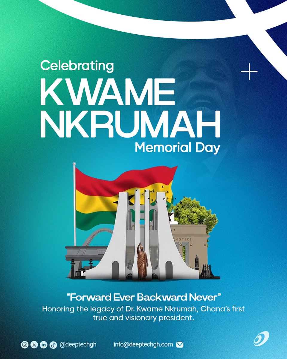 deeptechgh's tweet photo. 🇬🇭 Today, we honour the legacy of Dr. Kwame Nkrumah and reflect on the importance of vision, unity, innovation and progress.

Forward Ever, Backward Never.

Happy Kwame Nkrumah Memorial Day from Deeptech. 

🌐 https://t.co/9gNOtj8rkJ

#KwameNkrumahMemorialDay #Ghana #Deeptech https://t.co/NoDtNevxNj