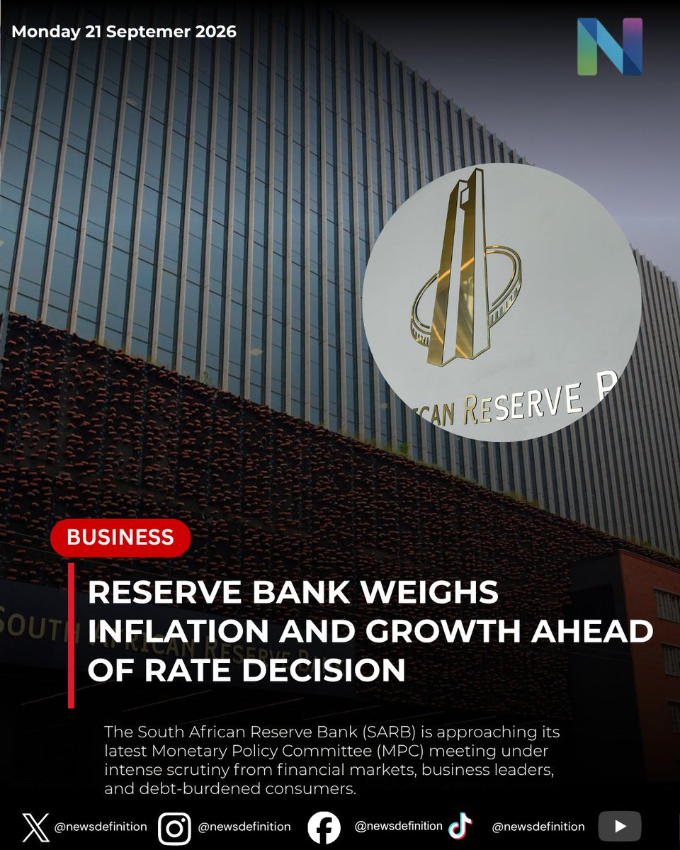 newsdefinition_'s tweet photo. Will the Reserve Bank hike, hold, or cut rates? Economists weigh in ahead of the SARBβs Monetary Policy Committee decision π¨π¦π
Full breakdown on what it means for debt repayments below π
#NewsDefinition #SARB #InterestRates #BusinessNews #SouthAfrica https://t.co/GYxMBIOvAS