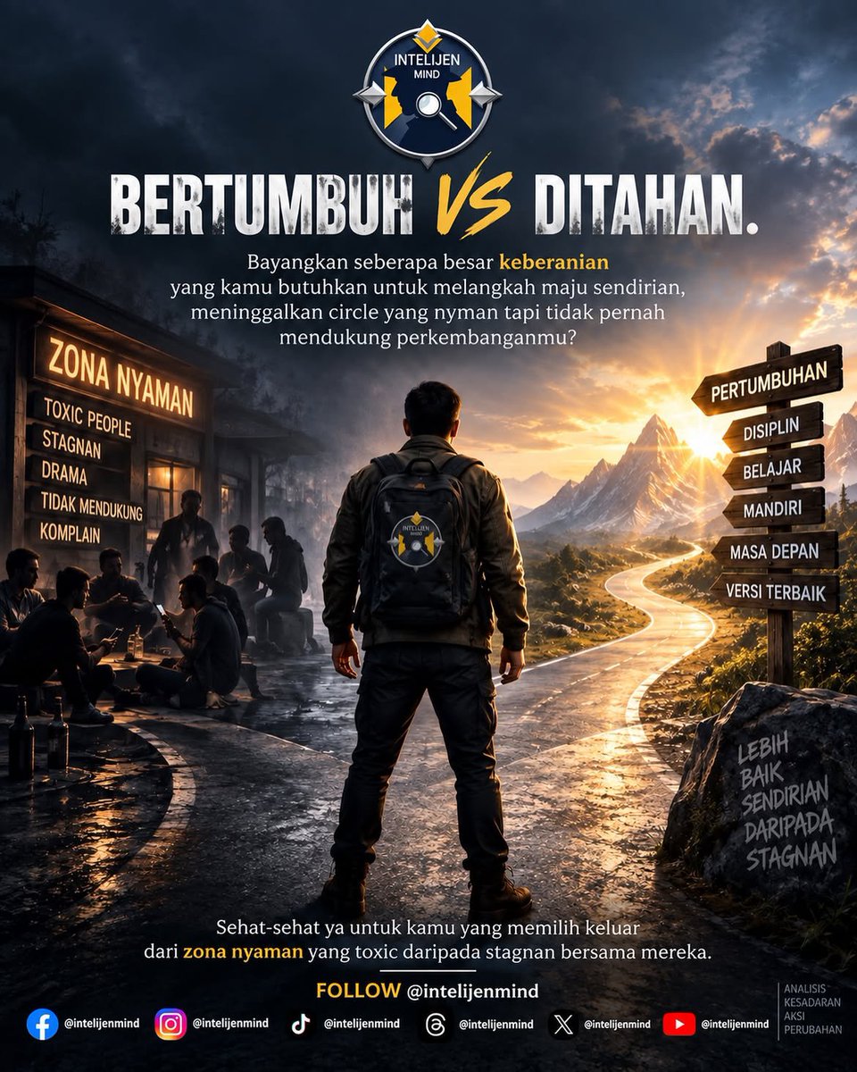 Intelijen_Mind's tweet photo. BERTUMBUH VS DITAHAN. Tidak semua circle yang membuatmu nyaman adalah tempat yang membuatmu bertumbuh. Ada kalanya kamu harus berani melangkah sendiri, meninggalkan lingkungan yang hanya menawarkan drama, stagnasi, keluhan, dan rasa nyaman tanpa perkembangan. @intelijenmind https://t.co/bFWanRuuge
