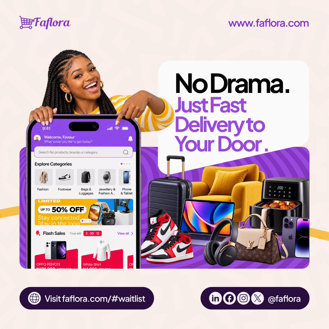 Faflora_NG's tweet photo. No Drama. Just Fast Delivery. 
Your favourite products are coming closer to your doorstep! From fashion and footwear to gadgets, beauty, groceries, home essentials and more FAFLORA is bringing everything you love into one marketplace.
🛒 Shop from trusted vendors. https://t.co/Ju2r2kk729