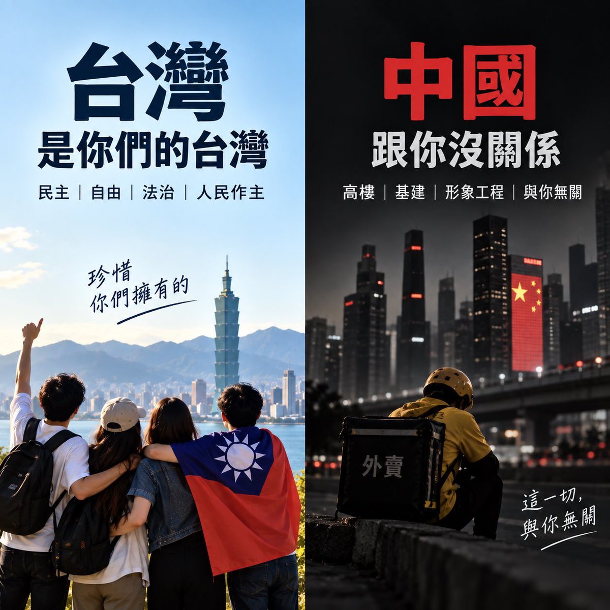 Hh06554468Hh's tweet photo. 《一个大陆人有话对台湾朋友说①：台湾是你们的台湾，中国却不是我们的中国》

我非常清醒地知道一件事：台湾是你们的台湾，但作为一个大陆人，我不认为今天的中国是我的中国。

在我看来，台湾今天和日本、韩国一样，是东北亚最发达的民主自由国家之一，代表着现代政治文明的发展方向。

台湾的最高领导人也不凌驾于法律和人民之上。蔡英文卸任后，可以像普通人一样去面馆吃饭。这就是我所理解的民主自由国家。

再说中国。我总跟那些粉红讲：高铁、基建、大厦再漂亮，跟你月薪三千有什么关系？
台湾、香港是否统一，跟你月薪三千又有什么关系？
你的生活不会因此自动改善。
你不过是被宏大叙事和民族主义洗脑，为一个虚无的名头，去做强人所难、损人不利己的事情。

今天的大陆中国，在我看来，是共产党的中国，不是中国人的中国。

我们的祖辈来自中华民国、大清，再往上追溯，中华文明与马列主义有什么关系？凭什么共产党就能代表整个中国？

再看奥运金牌。中国的举国体制并不意味着全民热爱体育、人人享有完善的体育设施。在我看来，它更多被用来服务政权的国家形象和对外宣传。

大陆的军队由共产党领导，人民也无法通过自由竞争的全国选举决定最高执政者。那些对外展示的形象工程，究竟有多少真正改善了普通人的生活？

台湾不需要为了让大陆人夸一句城市漂亮，就去大搞形象工程。台湾人拥有健保、选票和自由，也拥有要求政府承担责任的权利。你们让渡权力，政府就必须对人民负责。

台湾是你们的，所以你们要珍惜。如果有一天变成中国人，你们将失去一切。