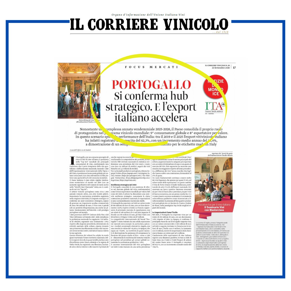 IlVinicolo's tweet photo. 🇵🇹 Tra il 2019 e il 2025, l’export di vino italiano verso il Portogallo è cresciuto del 62,3%. Un’analisi dell’Ufficio ICE di Madrid sul mercato lusitano pubblicata su Il 
#corrierevinicolo 29/2026  #vino @ITAMadrid_ 
https://t.co/YMhz85AHi6 https://t.co/wuKpLohEnP