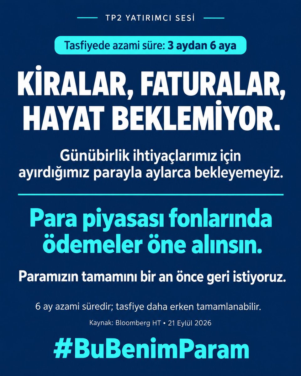 mert_gundogan35's tweet photo. Tasfiye süresi uzadı ama kiralar, faturalar beklemiyor!

6 ay azami süre. Para piyasası fonlarında ödemeler öne alınsın. Günübirlik ihtiyaçlarımız için ayırdığımız paramızın tamamını bir an önce geri istiyoruz.

https://t.co/PxZIGSpX3V

#BuBenimParam #TP2 https://t.co/VrzBA785Sw