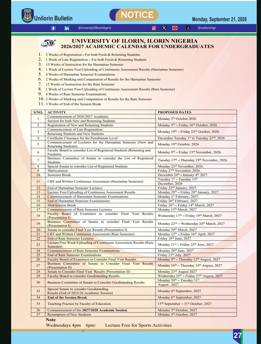 UnilorinNGR's tweet photo. 2026/2027 ACADEMIC CALENDAR FOR UNDERGRADUATES

#UNILORIN #ProbitasDoctrina #BetterByFar🎓 https://t.co/SfesEpUx07
