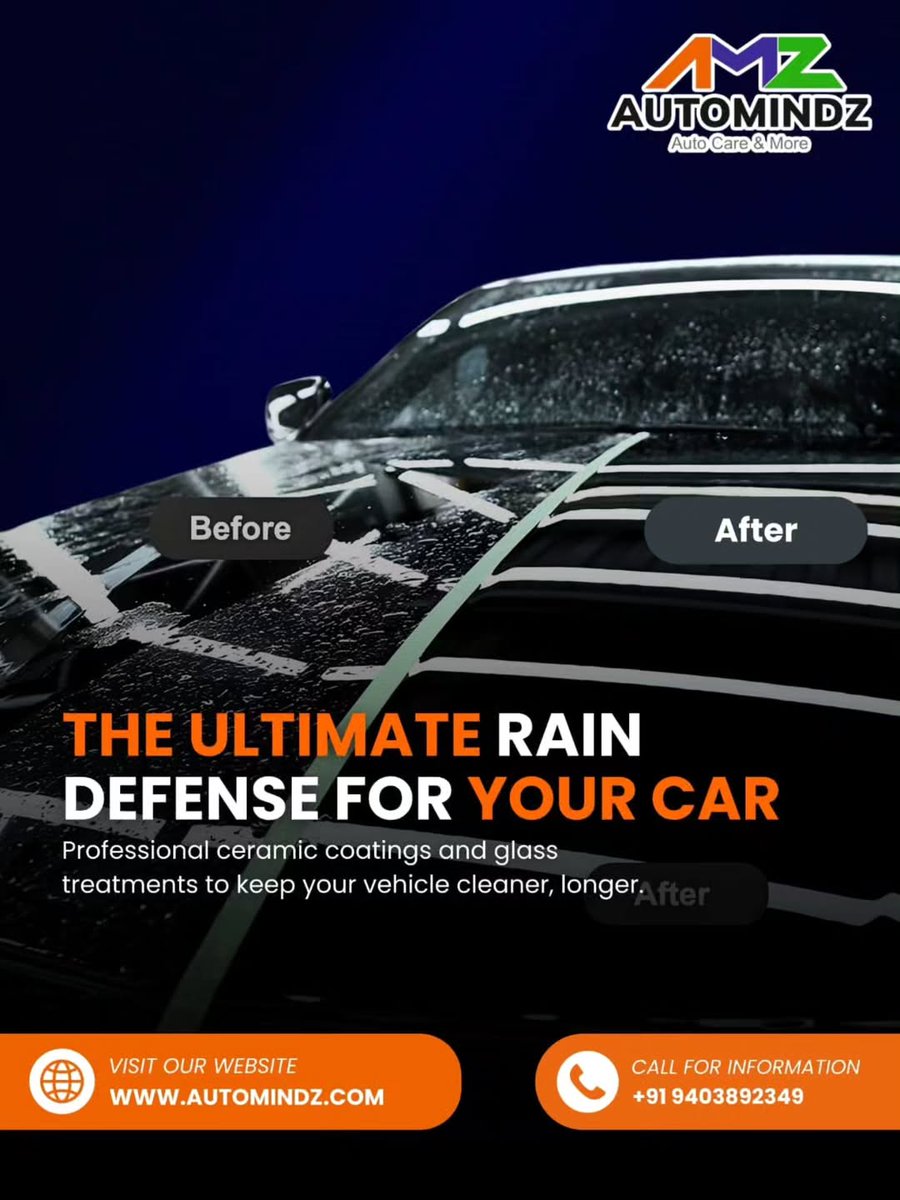 BarbieEnrico's tweet photo. Rain? No problem. Give your car ultimate rain protection with AMZ AUTOMINDZ. Our ceramic coatings and glass treatments repel water, keeping it cleaner, shinier, and protected longer. Drive confidently, even in monsoon season. Call: +91 9403892349 https://t.co/snSqtjVmEq