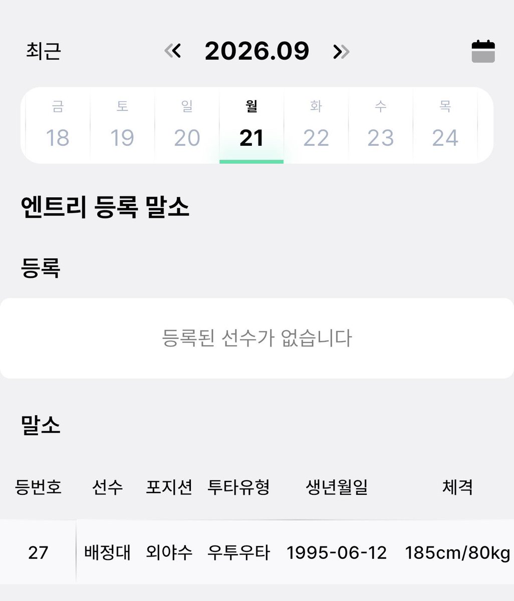 teamktwiz's tweet photo. 9/21(월) 엔트리 등말소

말소 배정대 https://t.co/QmQMOUNVKT