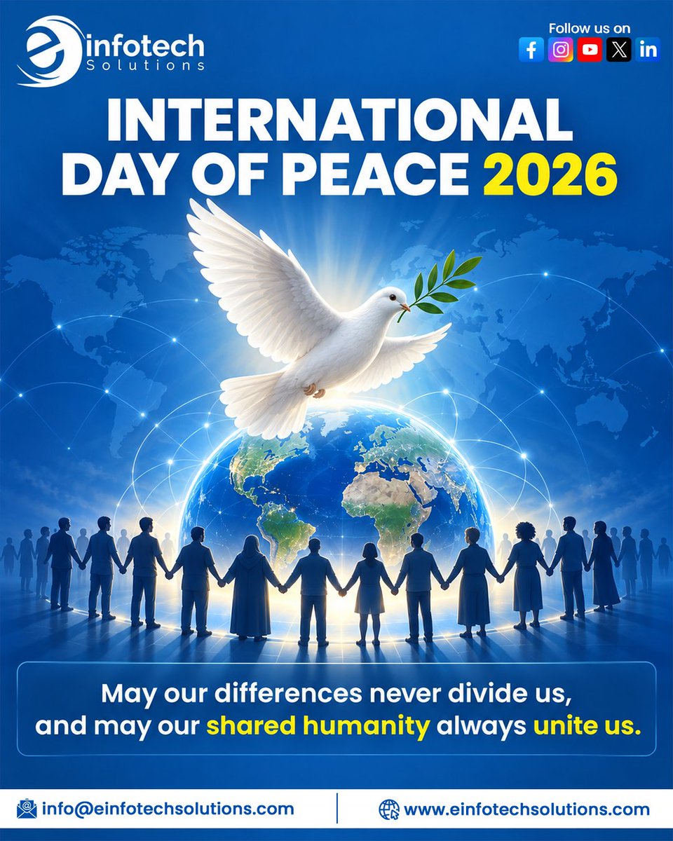 einfotechsol's tweet photo. International Day of Peace 2026 🕊️🌍

Peace begins when we choose understanding over division, unity over differences, and humanity over boundaries.💙

Happy International Day of Peace!

#InternationalDayOfPeace #PeaceDay2026 #WorldPeace #PeaceAndUnity #Harmony #SharedHumanity https://t.co/s1IELFBvsK