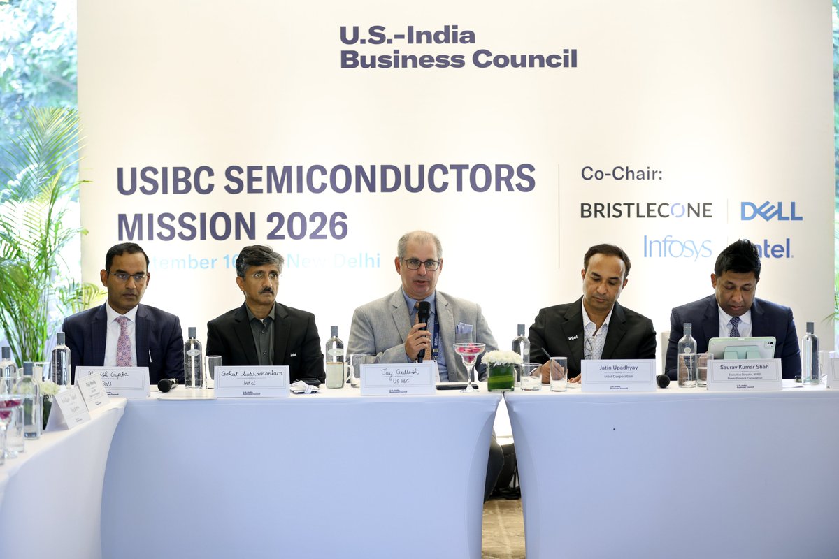 USIBC's tweet photo. As part of its sideline engagements at 𝐒𝐄𝐌𝐈𝐂𝐎𝐍 𝐈𝐧𝐝𝐢𝐚 2026, @USIBC , in partnership with @IntelIndia  and @Dell , convened a roundtable on “𝐁𝐮𝐢𝐥𝐝𝐢𝐧𝐠 𝐑𝐞𝐬𝐢𝐥𝐢𝐞𝐧𝐭 𝐀𝐈 𝐄𝐜𝐨𝐬𝐲𝐬𝐭𝐞𝐦𝐬: 𝐄𝐧𝐞𝐫𝐠𝐲 𝐚𝐧𝐝 𝐃𝐢𝐠𝐢𝐭𝐚𝐥 𝐈𝐧𝐟𝐫𝐚𝐬𝐭𝐫𝐮𝐜𝐭𝐮𝐫𝐞.”

We were pleased to be joined by 𝐉𝐚𝐭𝐢𝐧 𝐔𝐩𝐚𝐝𝐡𝐲𝐚𝐲, , General Manager, Data Centre Group, Intel; 𝐌𝐚𝐧𝐢𝐬𝐡 𝐆𝐮𝐩𝐭𝐚, President and Managing Director, Dell Technologies; 𝐆𝐨𝐤𝐮𝐥 𝐒𝐮𝐛𝐫𝐚𝐦𝐚𝐧𝐢𝐚𝐦, India President, Intel; Manish Mishra, Director, @MinOfPower ; 𝐒𝐚𝐮𝐫𝐚𝐯 𝐊𝐮𝐦𝐚𝐫 𝐒𝐡𝐚𝐡, Executive Director, RDSS, Power Finance Corporation; and 𝐑𝐚𝐣𝐢𝐯 𝐏𝐡𝐚𝐥𝐫𝐢𝐚, Chief General Manager, RDSS, Power Finance Corporation.

The discussion brought together industry and government leaders to examine how the rapid growth of AI and data centers is reshaping India’s infrastructure needs- from compute and digital infrastructure to energy and critical natural resources.

The conversation explored pathways to build AI ecosystems that are scalable, energy-efficient and resilient, including the role of advanced compute architectures, workload-aware deployment, integrated AI infrastructure, reliable power systems and financially resilient distribution networks.

#USIBCAtSemiconIndia2026 #DataCenters #Energy 

@USAmbKeshap @Usibc_md @sameerguduru @YaminiJindal @KaruturiPradeep @pfclindia