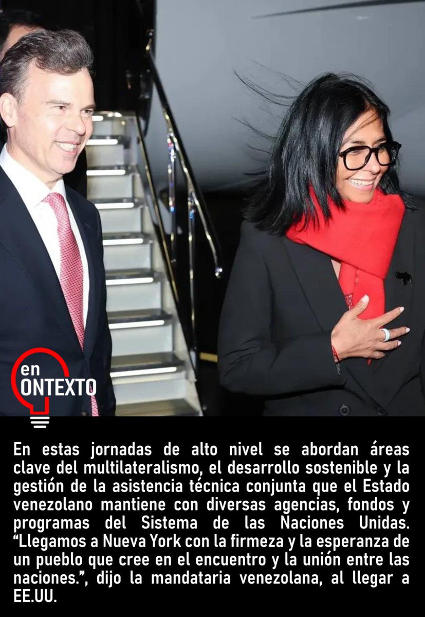 EnContexto_0's tweet photo. #ÚltimaHora La pdta. de Venezuela, @delcyrodriguezv llega EE.UU para representar a Venezuela en la 81° Asamblea de la ONU. "Llegamos a Nueva York con la firmeza y la esperanza de un pueblo que cree en el encuentro y la unión entre las naciones." dijo la mandataria a su llegada. https://t.co/SCfJWo0ccC