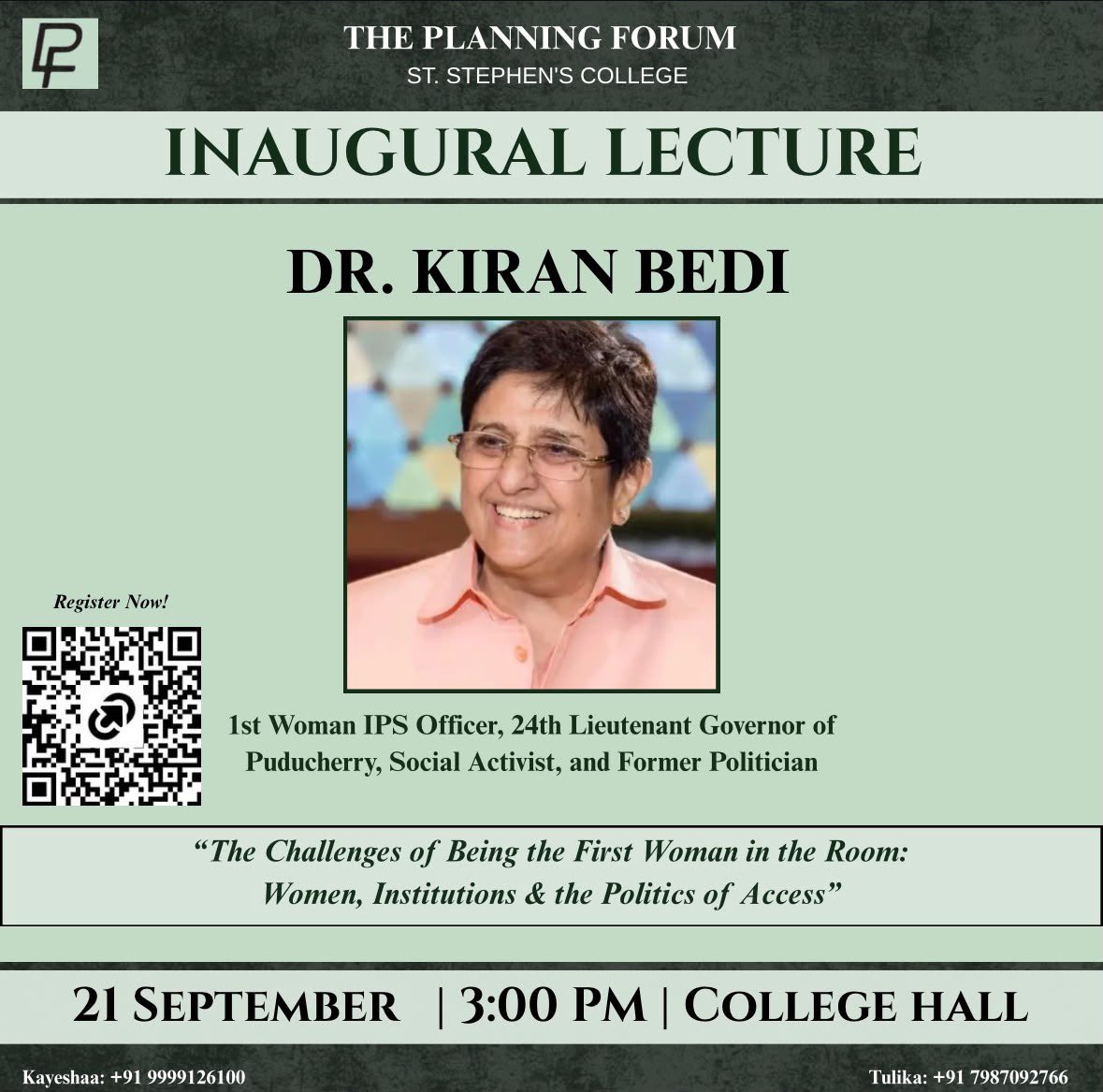 thekiranbedi's tweet photo. Today at #StStephen’s at 3 pm
Delhi University, addressing students on the subject of
Challenges of being the First Woman in the Room, Women, Institutions and Politics of Access. @AllDUNews https://t.co/jHqTwhzCb6