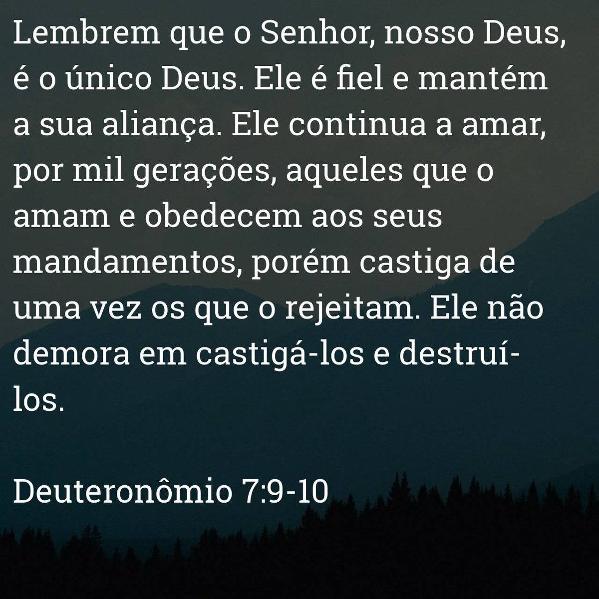 johnrobertmart6's tweet photo. “Lembrem que o Senhor, nosso Deus, é o único Deus. Ele é fiel e mantém a sua aliança. Ele continua a amar, por mil gerações, aqueles que o amam e obedecem aos seus mandamentos, porém castiga de uma vez os que o rejeitam. Ele não demora em castigá-los e destruí-los. ” https://t.co/vw3WQXoINy