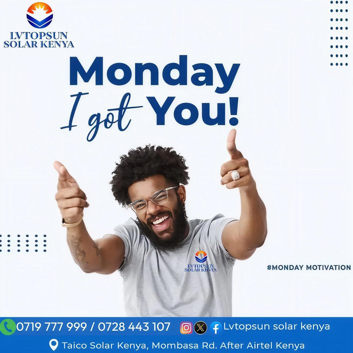 LVTOPSUNKE's tweet photo. Monday, I got you! 👉⚡
Start your week with high energy and zero power interruption worries! LVTOPSUN has all your solar panels, hybrid inverters, and battery needs fully covered. Let's make this week productive and powered! 
📍 Showroom: Mombasa Rd. After Airtel Kenya 
📞 Contact: 0719 777 999 | 0728 443 107 
#LVTOPSUN #MondayMotivation #IGotYou #SolarPower #GoSolar #CleanEnergyKenya