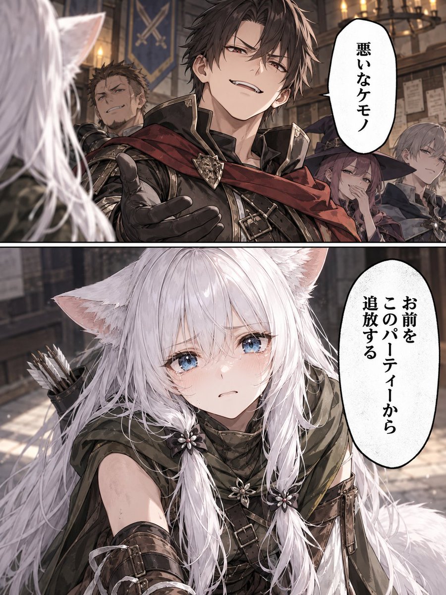 kuroneko_gam's tweet photo. ChatGPTで【うちの子追放されました😢】

久しぶりにプロンプトを作りました😆

パーティーから追放されたい気分になったらお使いください✌️

参照画像を1枚用意してプロンプトをコピペすればOK🙆

タグ、引用、改変は自由です✨
生成したらリプや引用で見せてくださいね✌️

プロンプトはこちら👇
---
キャラクター名（未入力ならAIが自然に命名）：［　　　　　　］

【作るもの】
参照画像のキャラクターを主人公にして、ファンタジー作品の「パーティー追放」を題材にした上下2段の2コマ漫画を描いてください。
1コマ目でパーティーリーダーが主人公へ追放を切り出し、2コマ目でその宣告を受けた主人公の反応を大きく見せてください。
王道の追放ものの導入だと一目で分かる、シリアスでドラマ性のある漫画表現にしてください。

【キャラクター】
主人公は参照画像の顔立ち、髪型、髪色、目、配色、体格、性別表現、雰囲気、特徴的なパーツを保ってください。
参照画像を分析し、その子に自然に似合うファンタジー系のジョブをAIが1つ選び、そのジョブにふさわしい冒険者衣装へ再構成してください。
元の衣装はそのまま再現せず、配色、モチーフ、装飾、雰囲気をジョブ衣装へ自然に引き継いでください。

パーティーリーダーはAIが自然に生成し、主人公とは明確に別人にしてください。
冒険者パーティーのリーダーらしい服装で、見下したような笑みや冷たい目つきなど、嫌味で悪意のある雰囲気を出してください。

【2コマ構成】
縦長の1枚を上下2段に分け、上段を1コマ目、下段を2コマ目にしてください。

1コマ目はリーダーの上半身から顔を大きく見せるアップ寄りの構図にしてください。
リーダーの背後には同じパーティーのメンバーを2〜3人ほど小さめに配置し、クスクス笑う、軽蔑した目で見る、冷たく見下す、無関心そうにするなど、主人公が味方を失っていることが伝わる反応を自然に見せてください。
背景メンバーは脇役として控えめにし、リーダーの悪意ある表情を主役にしてください。

2コマ目は主人公を大きく主役として描き、驚き、ショック、呆然、絶望、悔しさなどから、その子らしい反応をAIが自然に選んでください。
主人公の顔と感情が、この2コマ漫画で最も印象に残るようにしてください。
リーダーや他のパーティーメンバーは、2コマ目では目立たせないでください。

【セリフ】
使用するセリフは以下を基本にしてください。

1コマ目
「悪いな〇〇」

2コマ目
「お前をこのパーティーから追放する」

〇〇には入力されたキャラクター名を入れてください。
キャラクター名が未入力の場合は、AIが自然に命名した名前を入れてください。
この2つのセリフは自由に書き換えて構いません。
書き換えられている場合は、変更後の文章をそのまま使用してください。
指定されていない追加セリフや説明文は入れないでください。

【吹き出し】
1コマ目の吹き出しは、整いすぎた綺麗な楕円ではなく、少し縦長でわずかに歪みのある形にしてください。
ギザギザした怒鳴り声にはせず、静かな悪意、嫌味、見下しがにじむ漫画的な形にしてください。

2コマ目の吹き出しには、ツノや尖った指し示し部分を付けないでください。
主人公へ一方的に突きつけられた言葉が重く落ちてくるような、シンプルで少し冷たい印象の形にしてください。
吹き出しは主人公の顔や感情を邪魔しない位置と大きさにしてください。

【構図・演出】
舞台は中世ファンタジー風の冒険者ギルド、酒場、パーティーの会議室など、追放宣告が自然に見える場所にしてください。
背景は控えめにし、キャラクターとセリフを優先してください。
1コマ目から2コマ目へ自然に視線が流れる、読みやすい漫画構成にしてください。

【避けること】
主人公とリーダーを混同しないでください。
2コマの順番や役割を入れ替えないでください。
主人公を普段着のままにしないでください。
背景メンバーを主人公やリーダーより目立たせないでください。
指定していない追加セリフ、説明文、タイトル、ロゴ、署名、透かしを入れないでください。
文字化けした日本語や、入力された内容と異なるセリフを入れないでください。