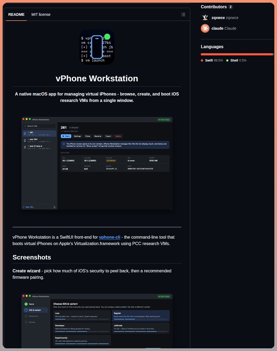 tom_doerr's tweet photo. Manage virtual iPhones with vPhone Workstation. This macOS app boots iOS research VMs using the Virtualization framework and offers a wizard to configure security variants like Regular, Developer, and Jailbreak.

https://t.co/sXn2jAaMNb https://t.co/zDe3LuCPWX