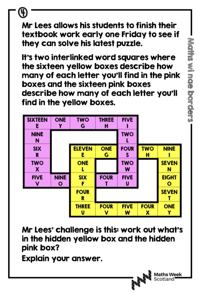 MathsWNBorders's tweet photo. 🎉 MATHS WEEK SCOTLAND 🏴󠁧󠁢󠁳󠁣󠁴󠁿 

The 10th ever ‘Maths wi nae Borders’ competition is open to any class in Scotland! 

https://t.co/ijACzyM0mS

Whole classes work together to solve five puzzles. Collaboration, problem-solving…and awesome prizes too!

(Don’t post solutions on here!) https://t.co/7heweLHjIy